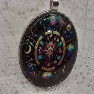 Zodiac Celestial Necklace Oval Pendant Astrological Symbols Silver-tone Chain